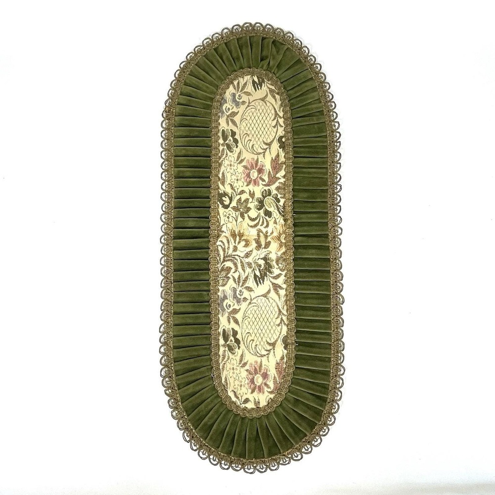 Vintage German Floral Brocade Oval Table Runner Green Velvet 23.5x9.5